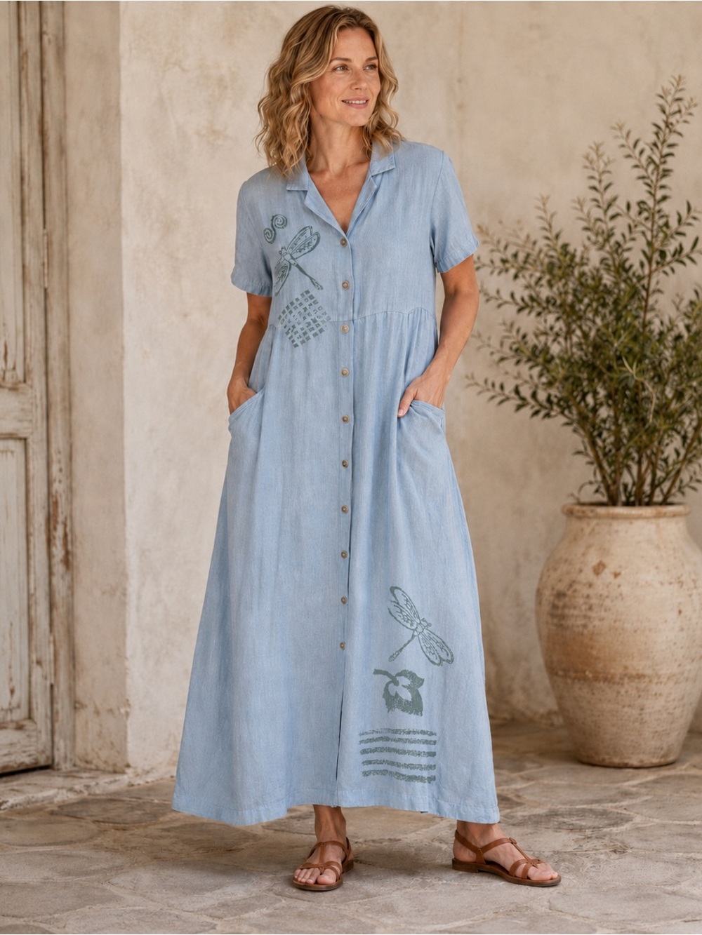 VTG Blue Cactus 100% Linen L Dragonfly Maxi Shirt Dress Preshrunk Pockets Modest
